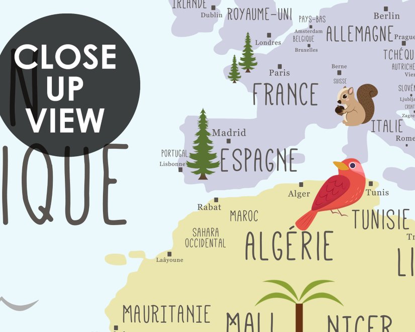  Carte éducatif en Français - Papier peint carte du monde éducative avec animaux pour enfants et bébé
