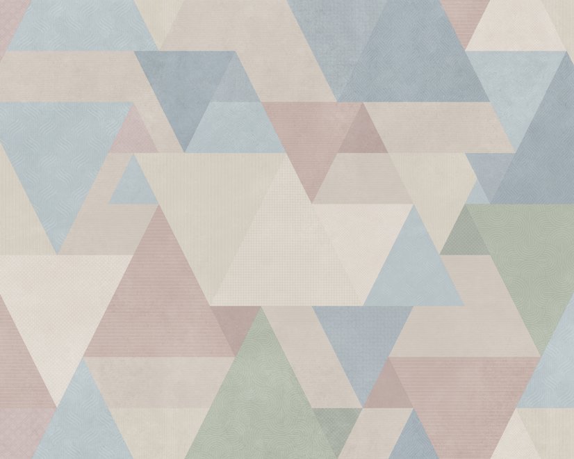 Pastel abstract wallpaper with overlapping sky blue, blush, cream, sage and grey textured triangles