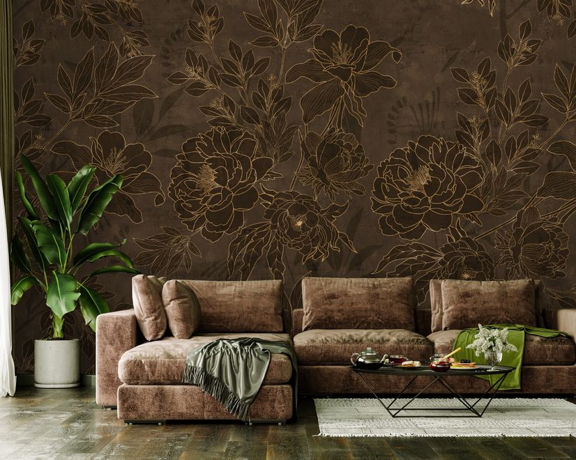 Dark Navy Peony Floral Drawing Art Wallpaper Mural