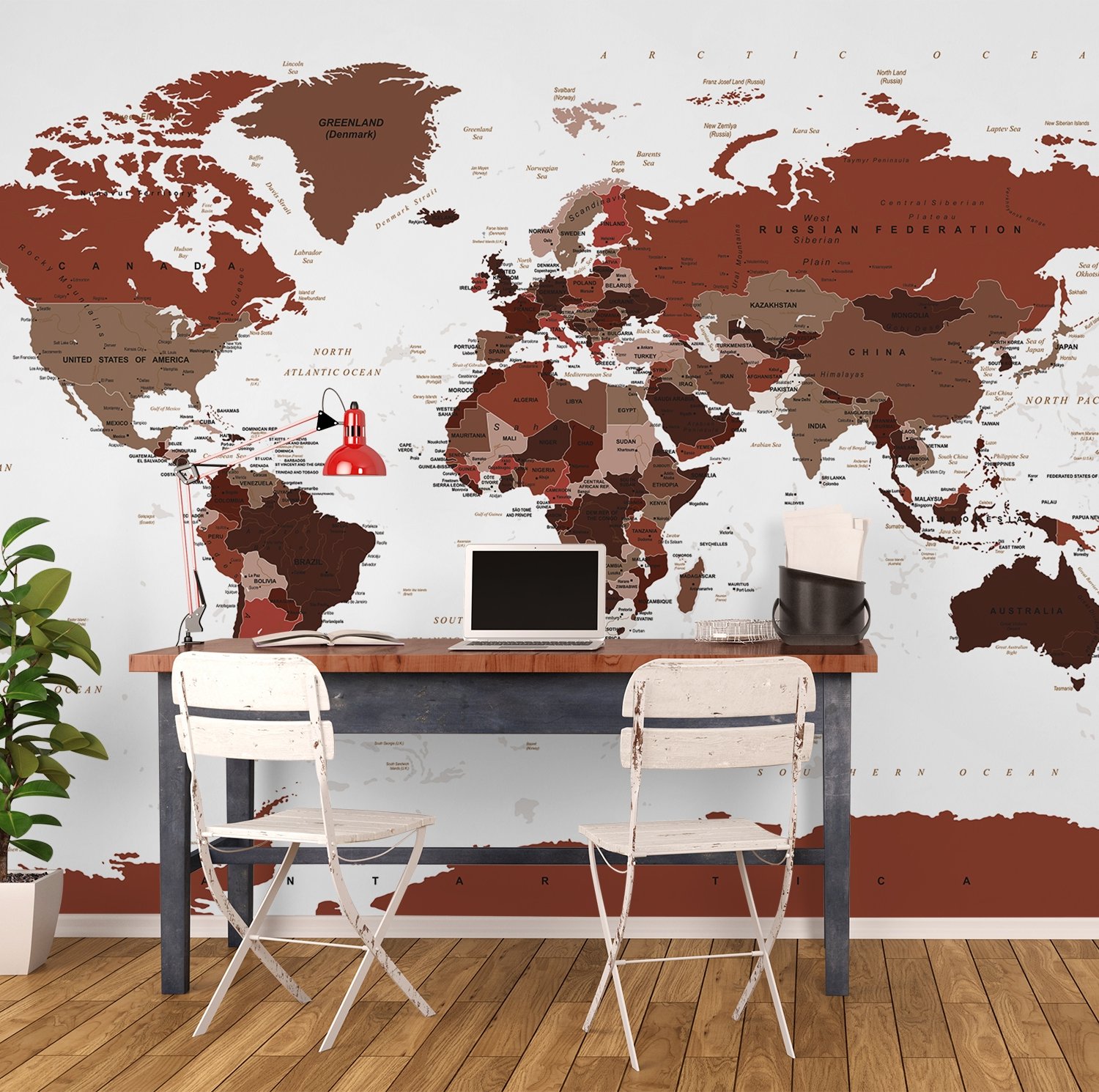 White and Brown Political World Map Wallpaper Mural - Peel and Stick