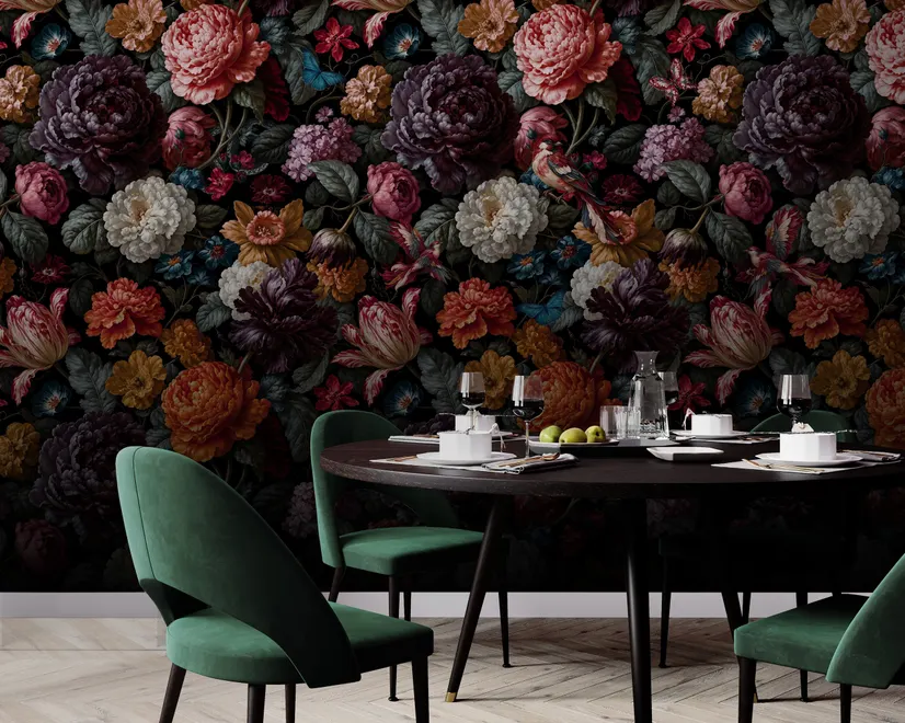 Vintage peony wallpaper mural with plum, blush and ivory flowers, dark foliage and small hummingbirds
