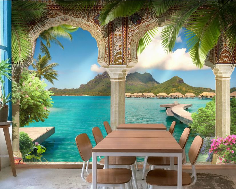3D Look Sea Landscape with Lux Arabian Arches Wallpaper Mural