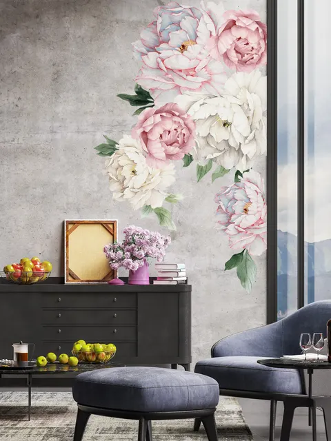 Blau Rosa Pfingstrosen Blumenstrauß Wandtattoo