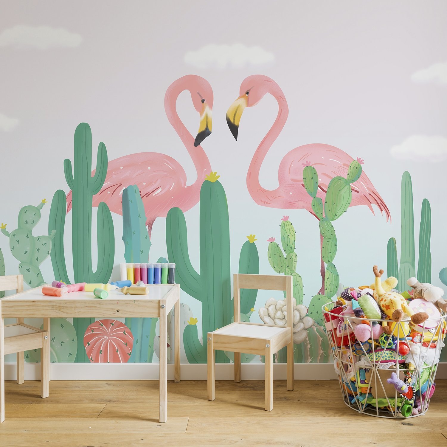 Flamingo Couple with Cactus Wallpaper Mural - Peel and Stick