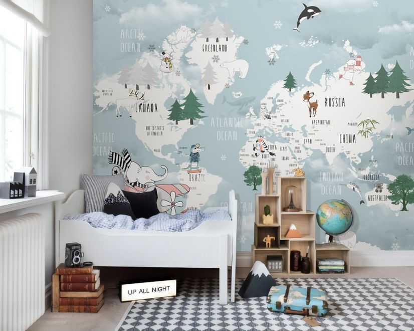 Kids Blue World Map with Cute Animals with Flying Elephant Wallpaper Mural