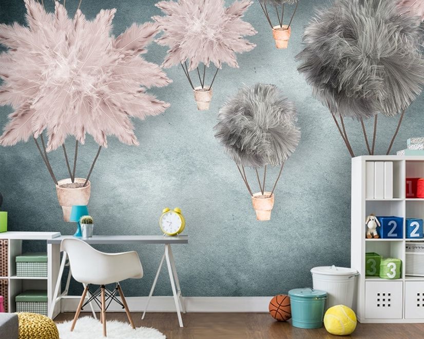 Gray Pink Feather Hot Air Balloon Wallpaper Mural