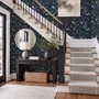 Midnight navy moody botanical wallpaper with lavender butterflies, ivory moons, gold stars, flowers and mushrooms