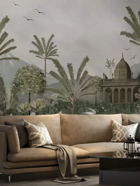 Vintage River Landscape with Mosque Historical Art Wallpaper Mural