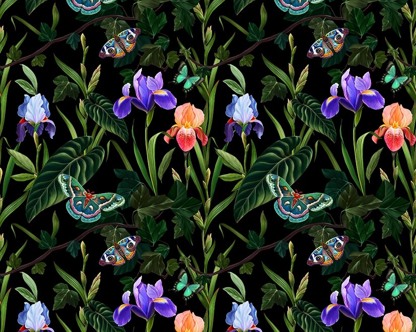 Papier peint fleurs violettes foncées papillons