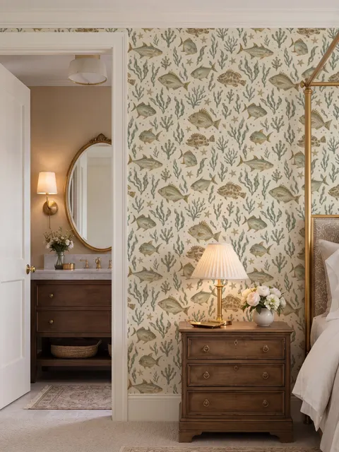 Watercolour fish wallpaper with sage seaweed, coral and starfish on a warm cream background