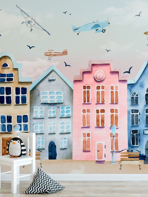 Papier peint hélicoptères maisons colorées style Amsterdam
