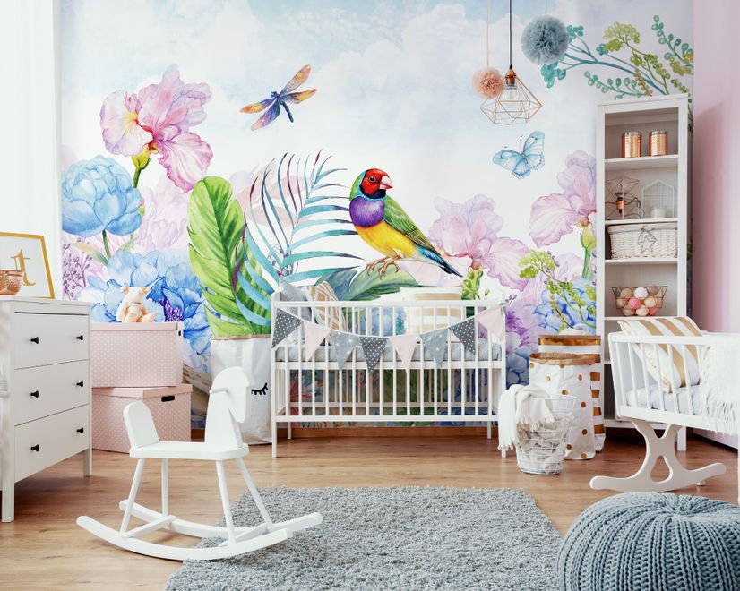 Hydrangea and Peony with Parrot Wallpaper Mural