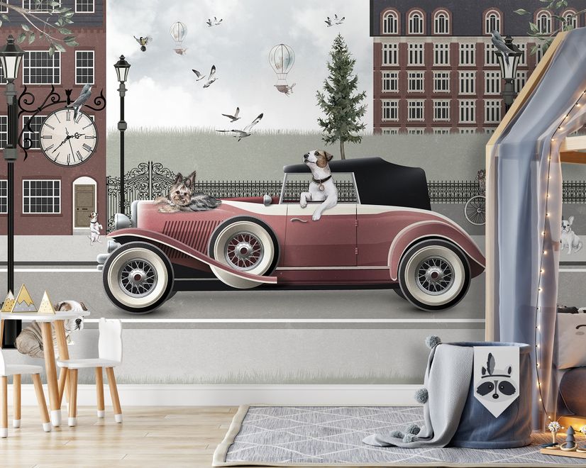 Cityscape with Doggies Wallpaper Mural