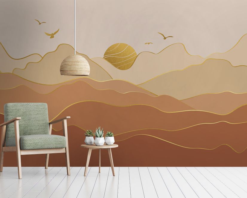 Gold Look Landscape Sunrise Sunset Wallpaper Mural