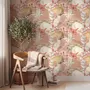 Pink tropical wallpaper with ivory fan palms, orchids, coral blossoms and sage foliage on dusty rose