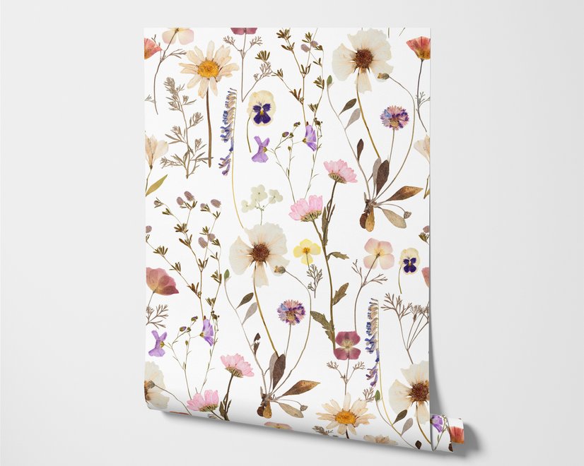 Cute spring wallpaper with pressed ivory, pink, blue and yellow wildflowers on a white ground