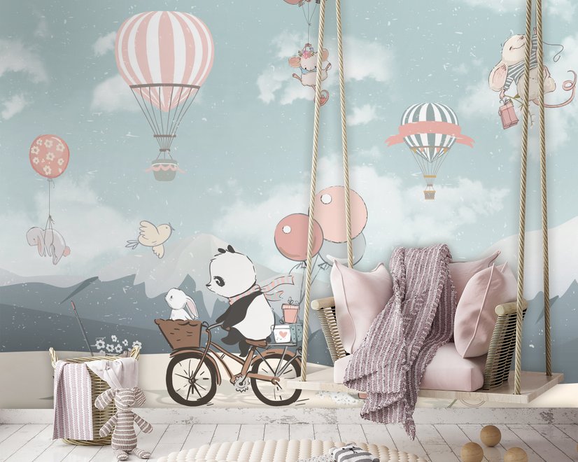 Kids Cute Panda Bicycle with Hot Air Balloon Wallpaper Mural