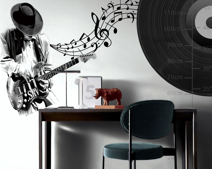 Schwarzes Musik-Schallplatten- und Rockmusiknoten-Wandtattoo