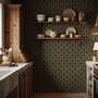 Black wallpaper with gold vertical chain link Art Deco repeat on a textured charcoal ground