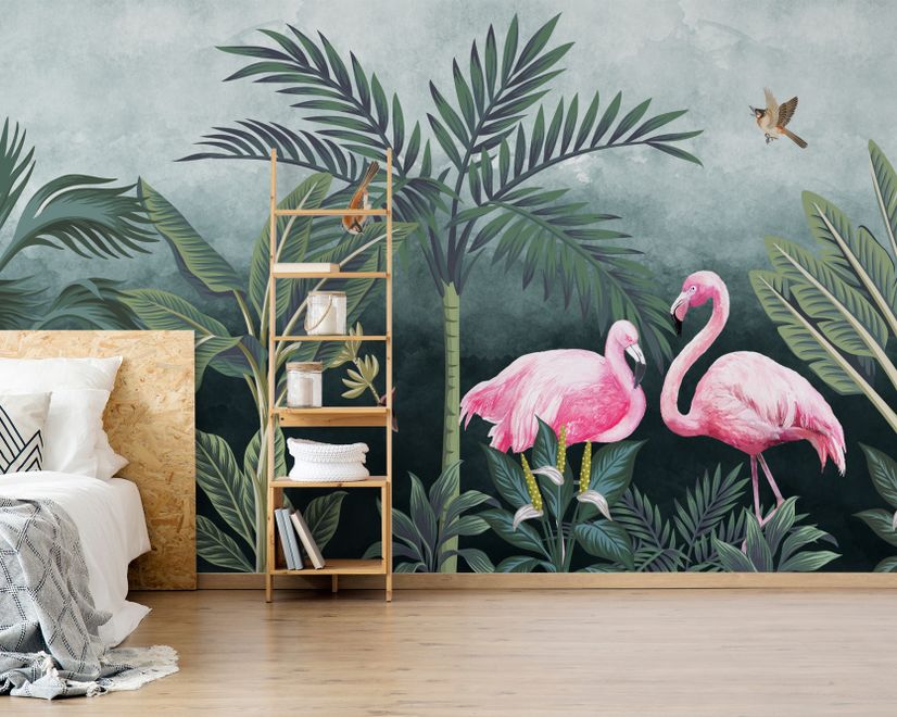 Pink Flamingo with Vintage Forest Wallpaper Mural