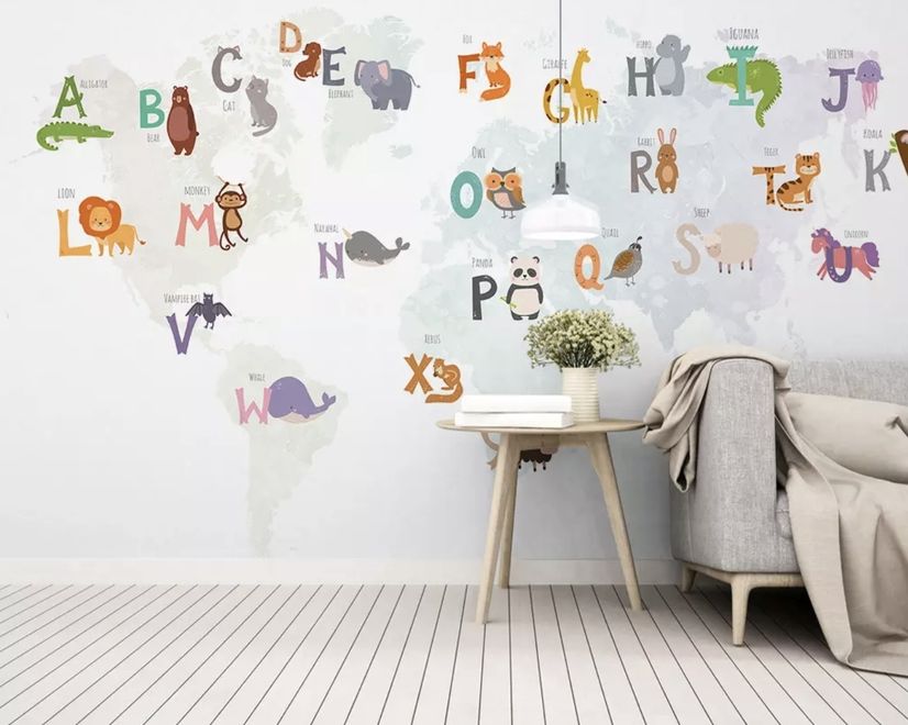 Kids Alphabet World Map with Cartoon Animals Wallpaper Mural
