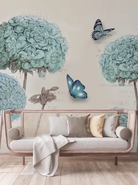 Light Blue Hydrangea Flowers and Butterflies Wallpaper Mural