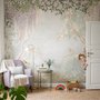Watercolour nature wallpaper with lilac wisteria, pale trees, sage foliage and small songbirds around a misty clearing