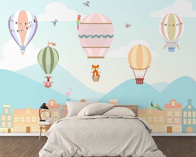 Kids Hot Air Balloon and Little House Wallpaper Mural