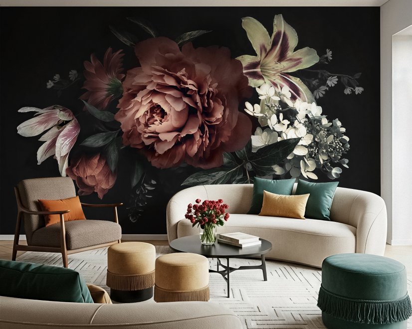 Dark Floral Bouquet with Red Peony and Lily Wallpaper Mural