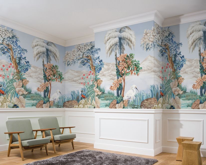 Art Painting Colorful Landscape with Heron Birds Wallpaper Mural