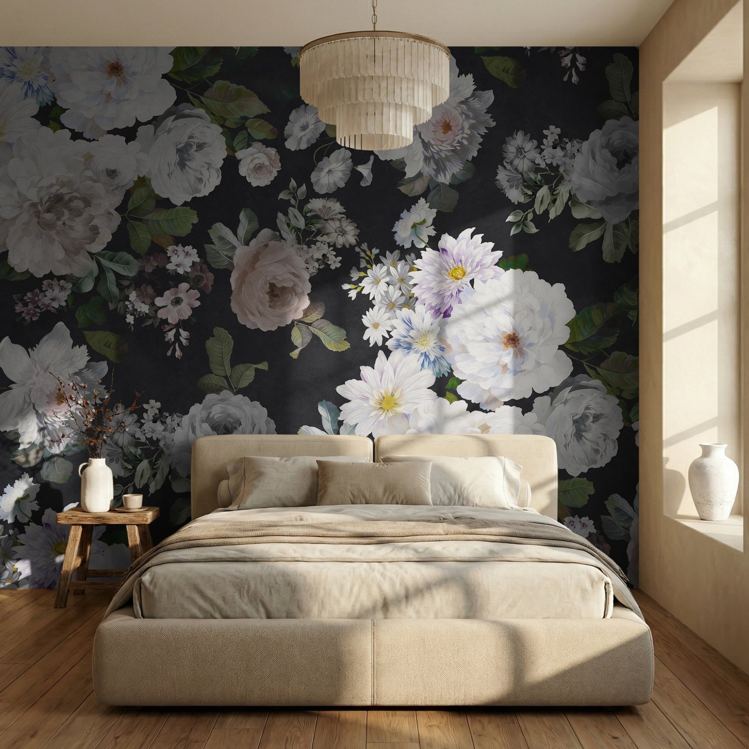 Dark Floral and White Peony Blossoms Wallpaper Mural - Peel and Stick