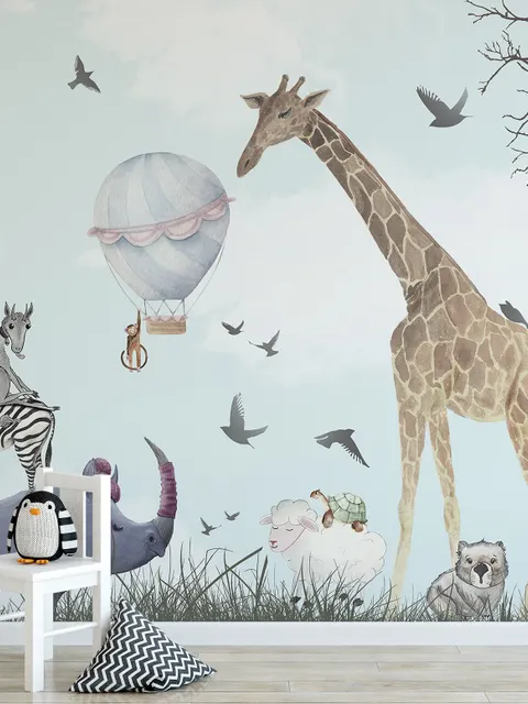 Kinder Aquarell Waldtiere mit Giraffe Zebra Nilpferd Fototapete