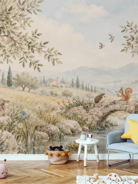 Watercolour woodland wall mural with fawn, rabbits, stone bridge, stream and distant cypress countryside