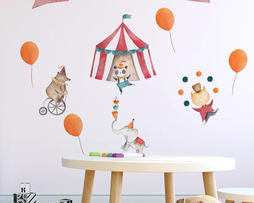 Kids Watercolor Circus with Cute Bear Fox Elephant Panda Wall Decal Sticker