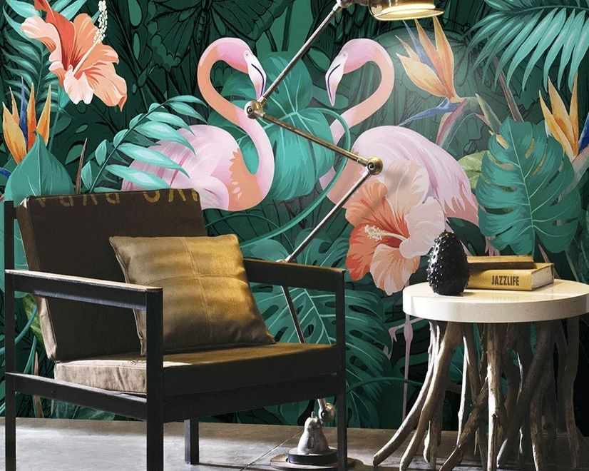 Coral and Pink Flamingo with Tropical Leafy Wallpaper Mural