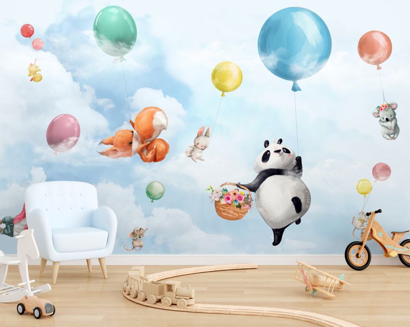 Cute Flying Panda & Animals Kids Nursery Wallpaper Mural