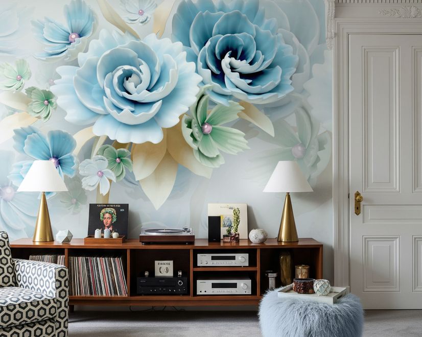 Papier peint panoramique floral bleu vert en 3D de style européen
