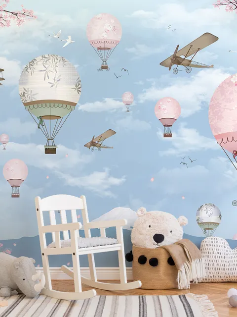 Cherry Blossom with Soft Hot Air Balloon Wallpaper Mural