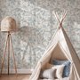 Cute cats wallpaper with dusty blue toile kittens, roses and garden scenes on warm cream