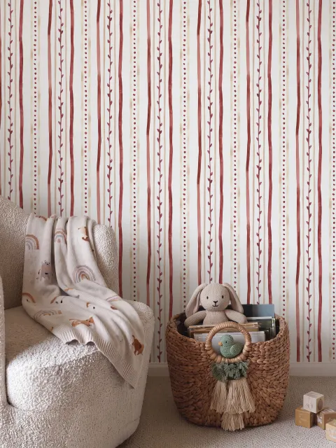 Watercolor stripe leaf wallpaper with burgundy dots and heart leaves on a bright white ground