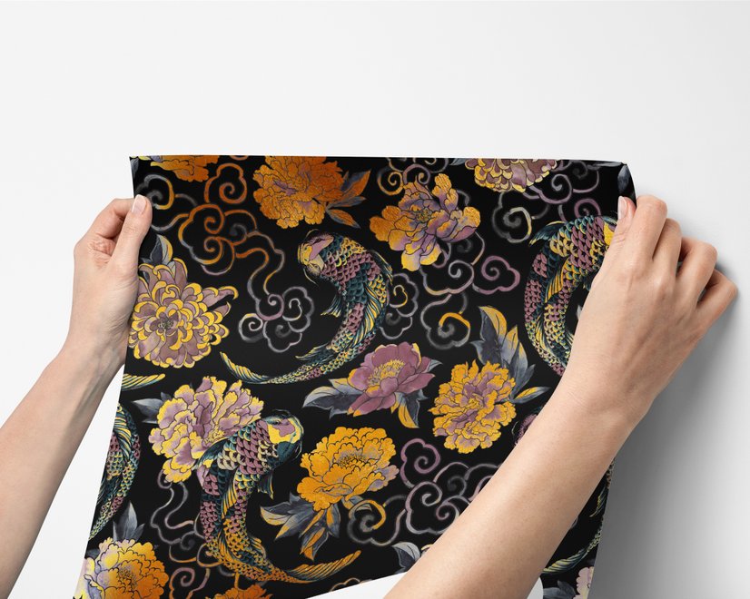 Japanese art wallpaper pattern with koi fish, gold peonies, mauve flowers and grey clouds on black