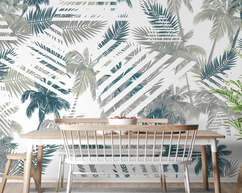 Papier peint panoramique vintage à motif de feuilles tropicales