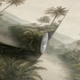 Misty tropical forest wallpaper with palms, pale river and hazy hills in muted green sepia