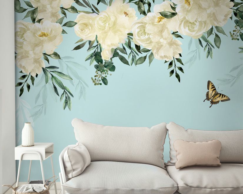 White Flowers and Yellow Butterfly Wallpaper Mural