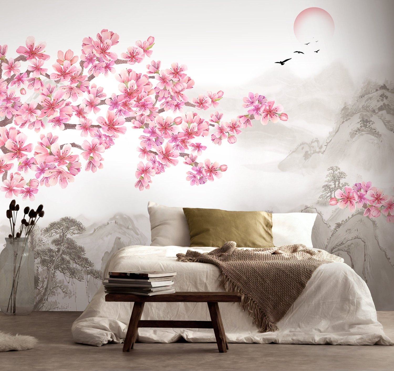 Cherry Blossom with Mountain Landscape Wallpaper Mural - Peel and Stick
