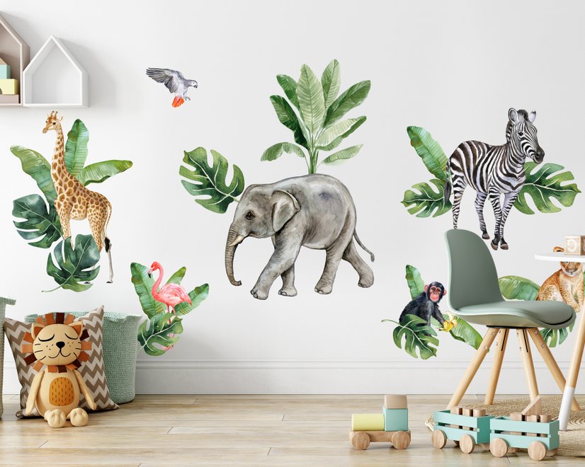 Kids Tropical Safari Animals Set Wall Decal Sticker