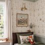 Cute rabbits wallpaper with woodland animals, white birds and acanthus scrolls on an ivory cream ground