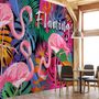 Pink Flamingo with Colorful Leaf Wallpaper Mural
