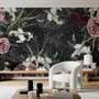 Papier peint panoramique floral coloré avec motif géométrique foncé