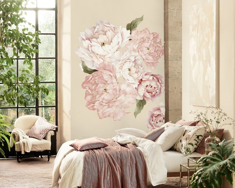 Bouquets floraux de pivoines roses avec feuilles vertes Stickers muraux